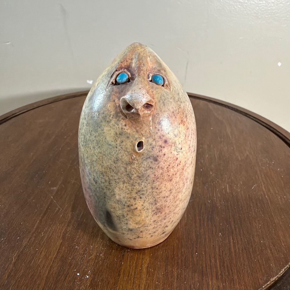 Vtg Reulin Handcrafted Ceramic Face Figurine Tan Black Whimsical Studio Pottery